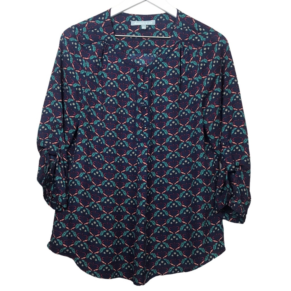 Daniel Rainn Navy Floral Print Roll Rab Cuff Blouse Women Sz M